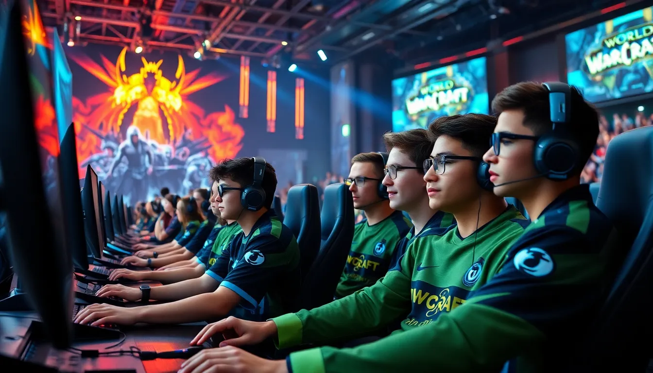 diverse gamers competing in a vibrant esports arena.