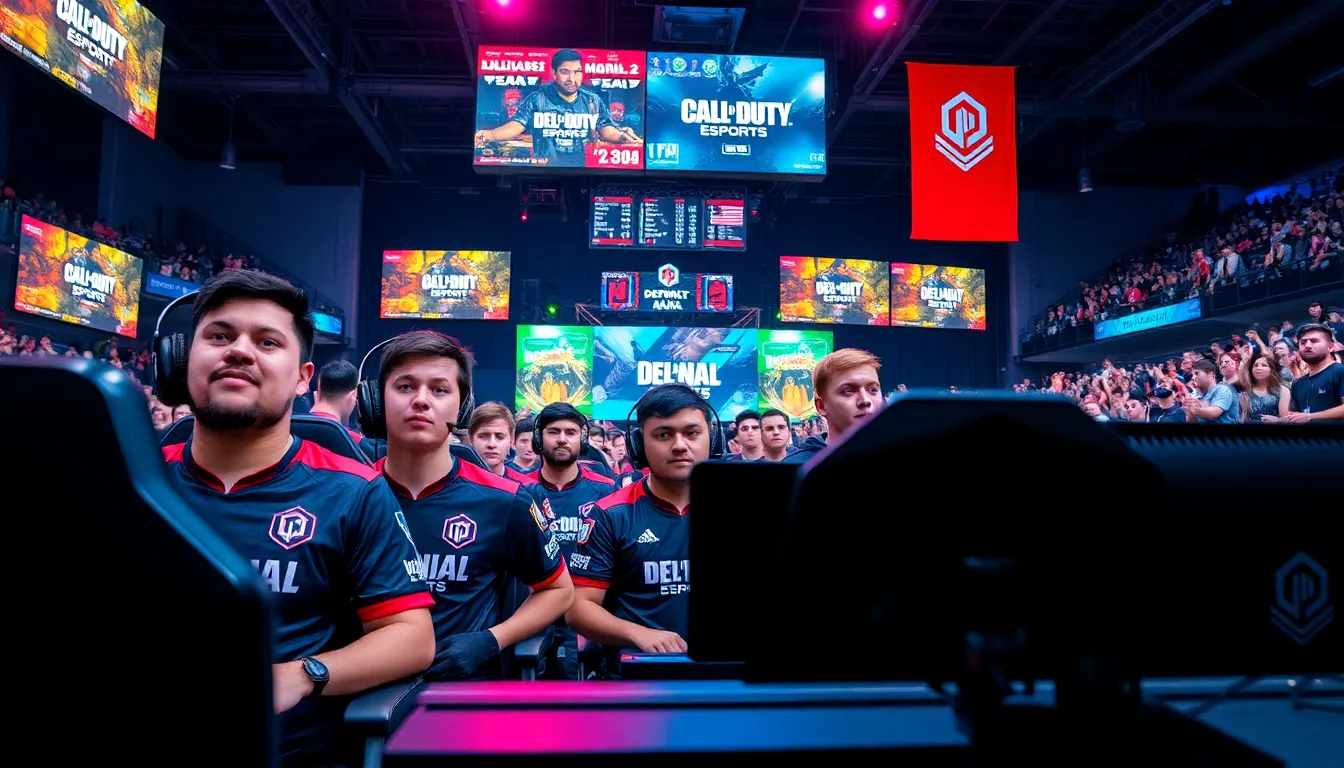 gamers competing in an esports arena during a Call of Duty match.