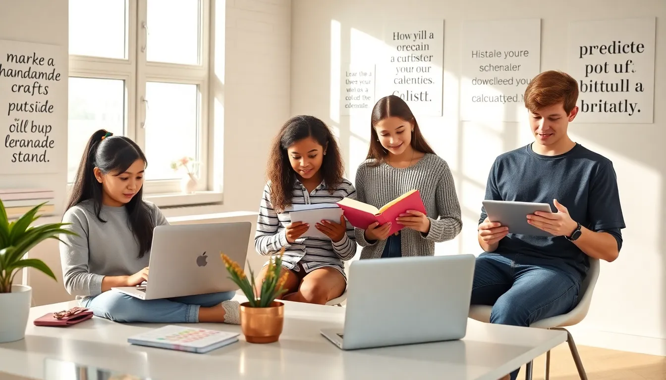 diverse teens engaged in various side hustles in a bright workspace.