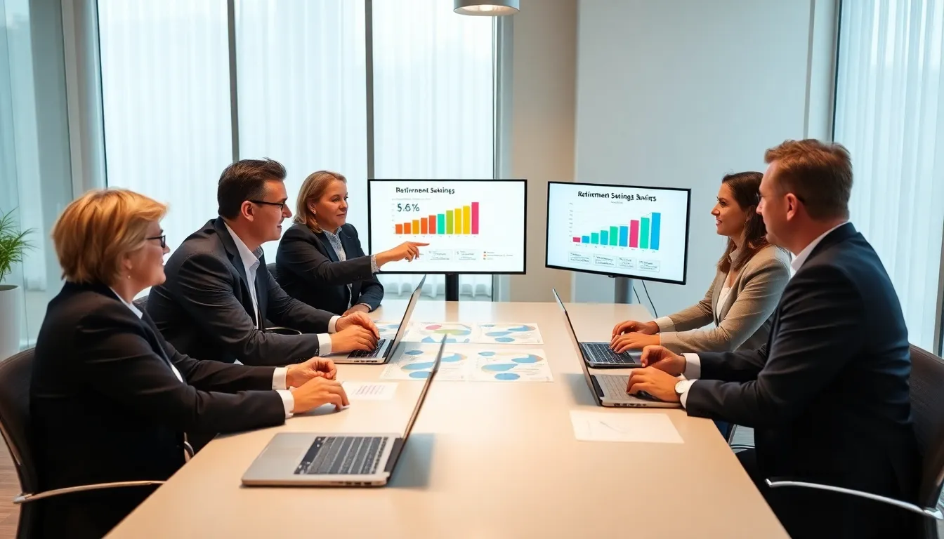 professionals discussing retirement planning in a modern office setting.