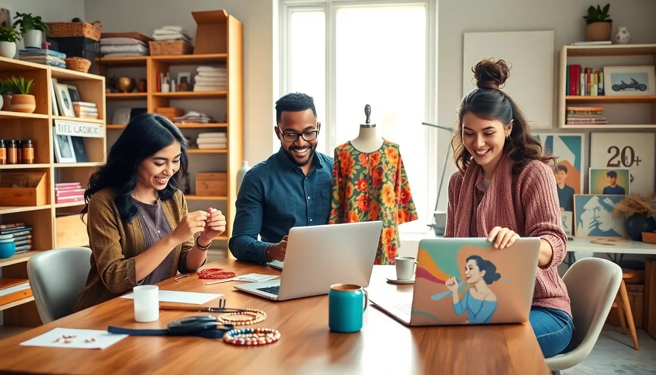 diverse group of artisans working on Etsy side hustle projects.