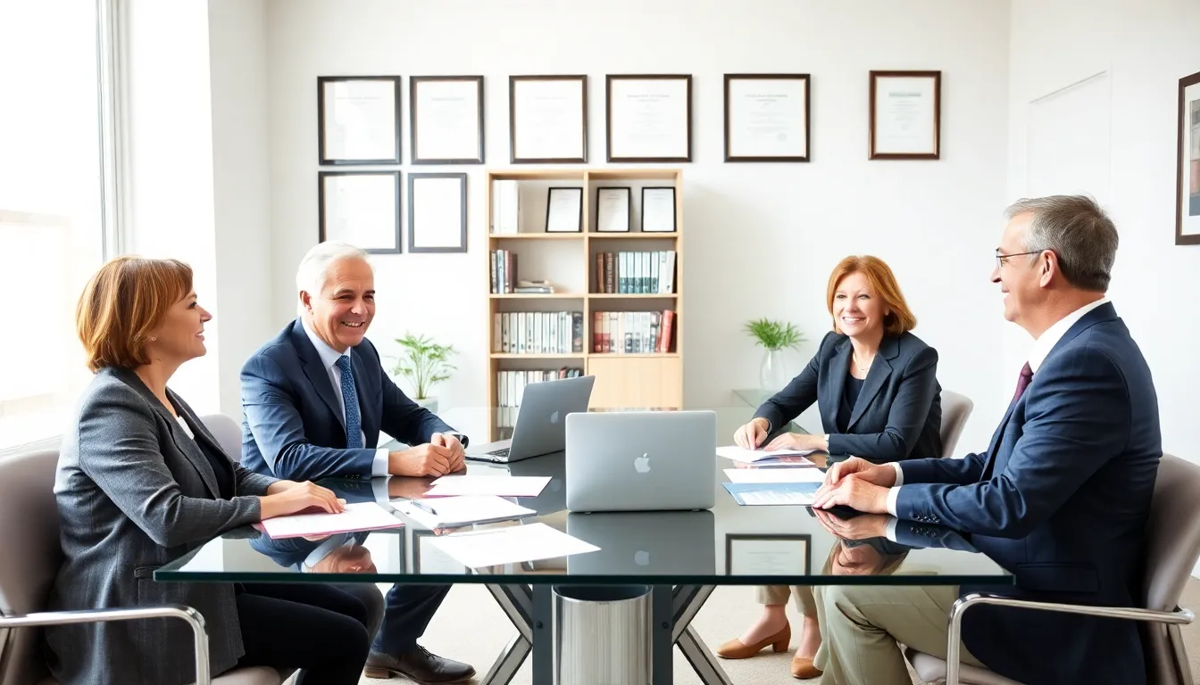 A financial expert advising clients in a modern office setting.