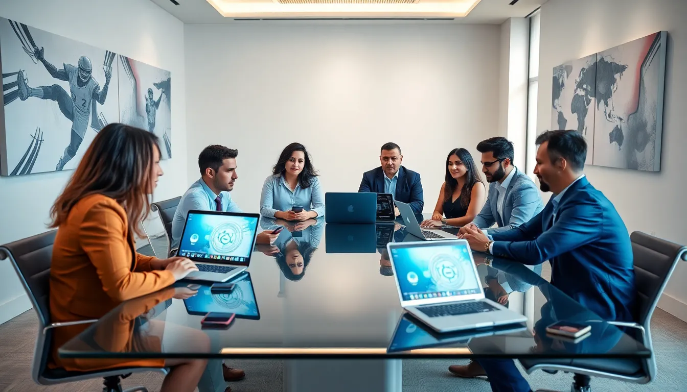 diverse group discussing esports in a modern conference room.