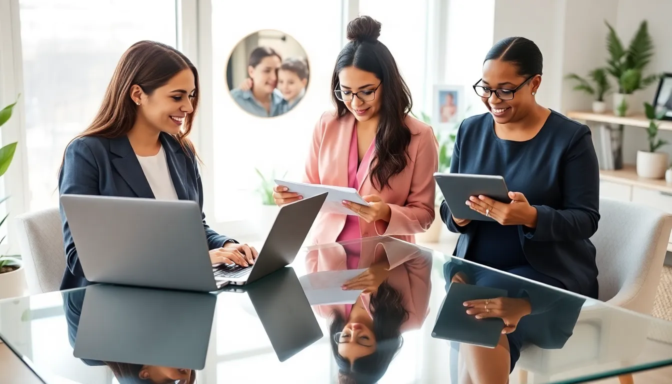 professional mothers collaborating in a modern home office.