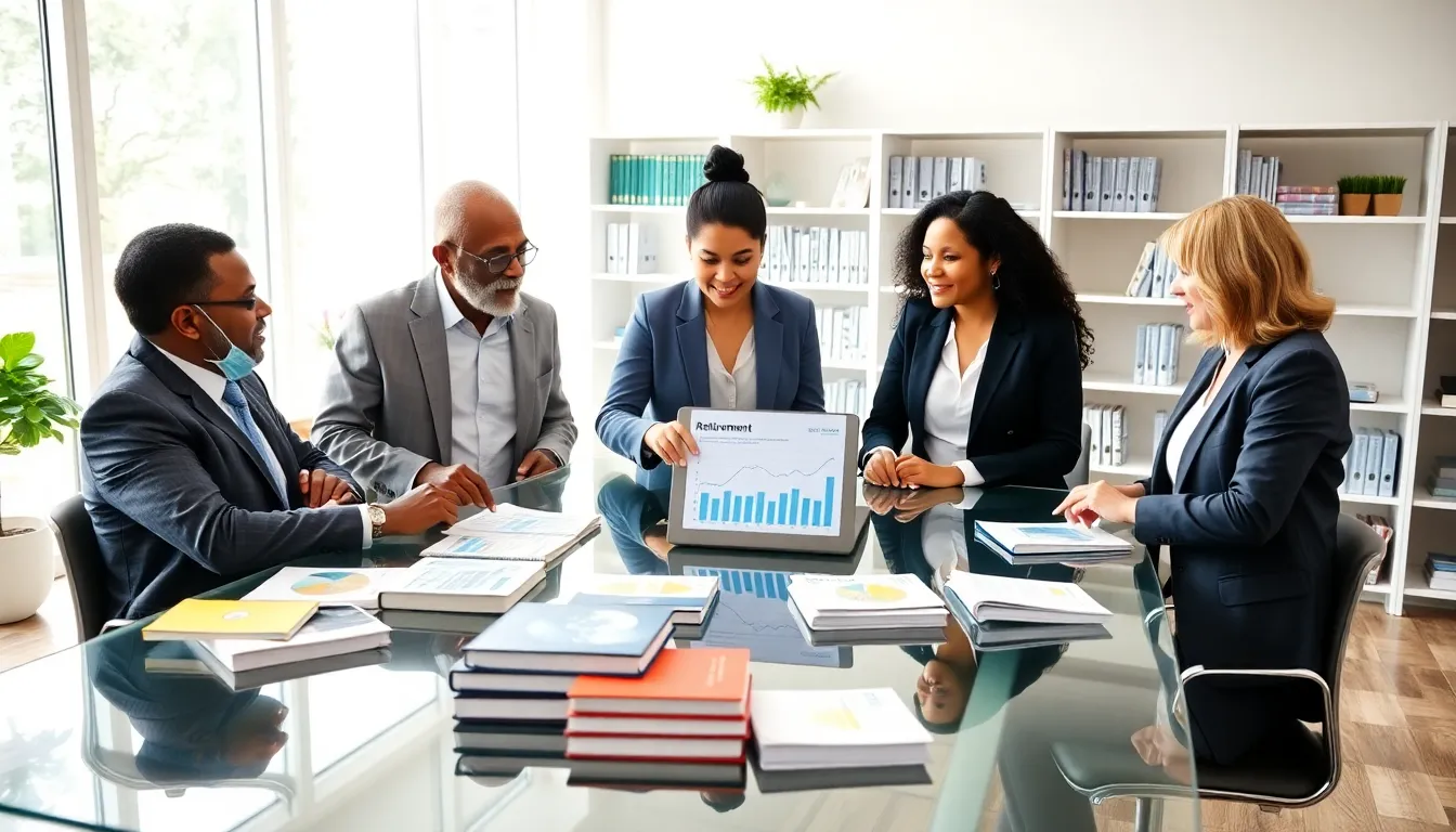 diverse team discussing retirement planning in a modern office.