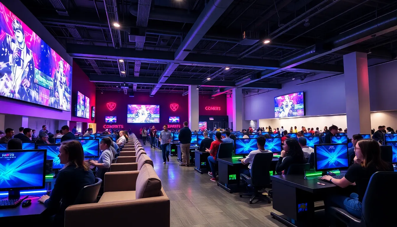interior of Esports Arena Arlington with gamers and tech setup.