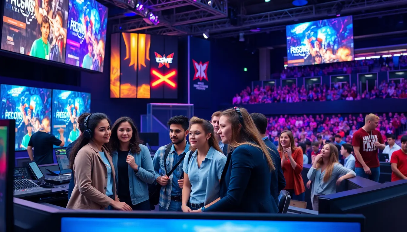 diverse team in a vibrant esports arena during a live event.