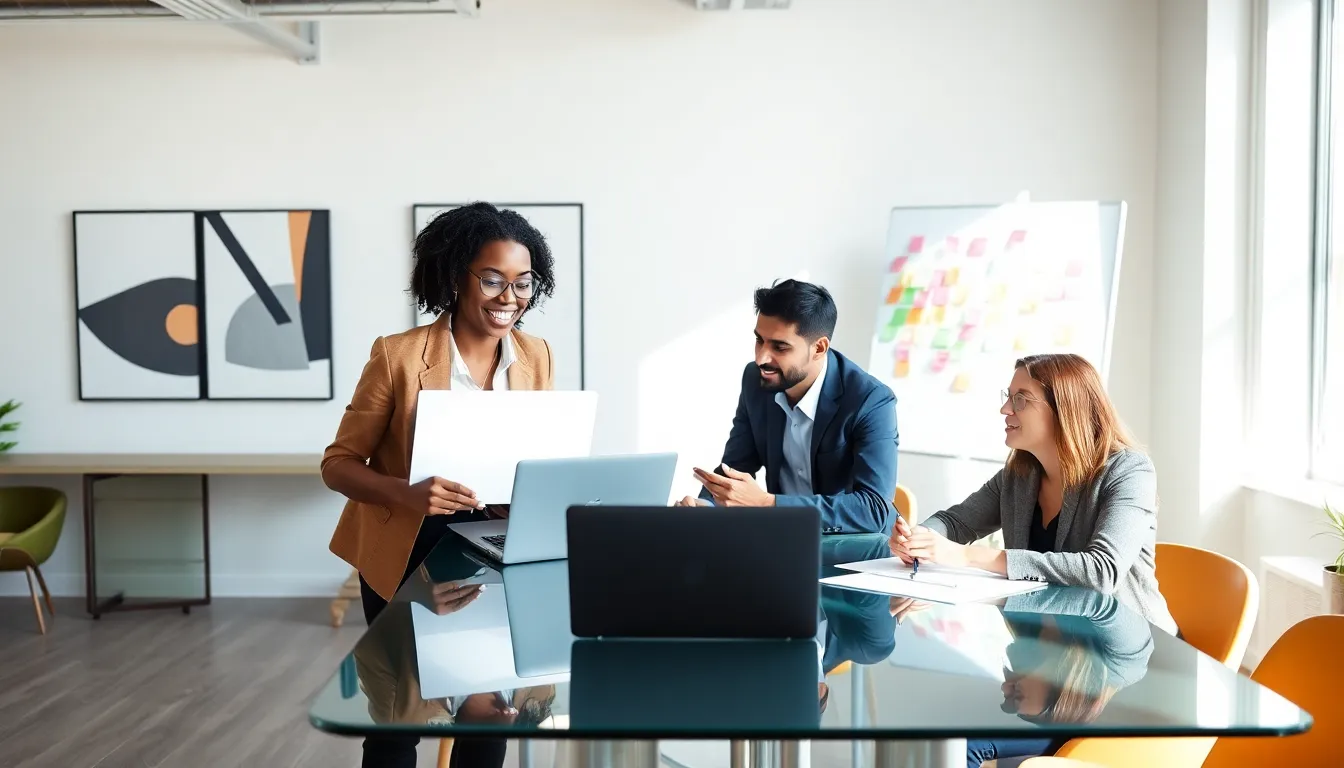 professionals collaborating on side hustle ideas in a modern workspace.