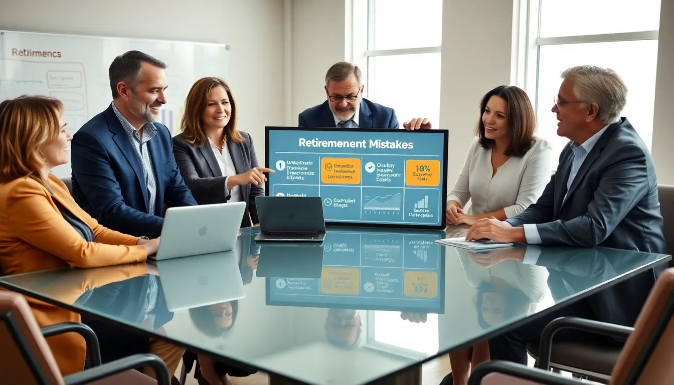 diverse professionals discussing retirement planning in a modern office.