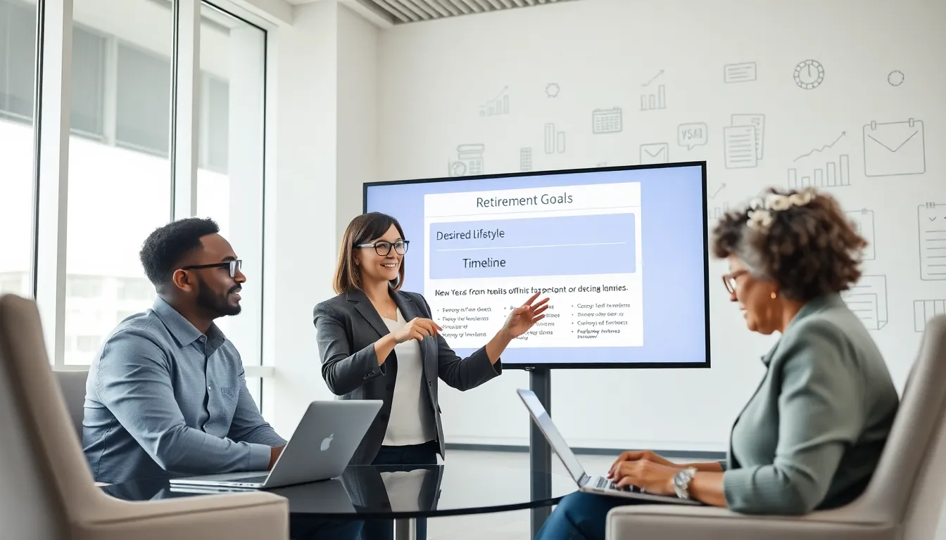 professionals discussing retirement planning in a modern office.