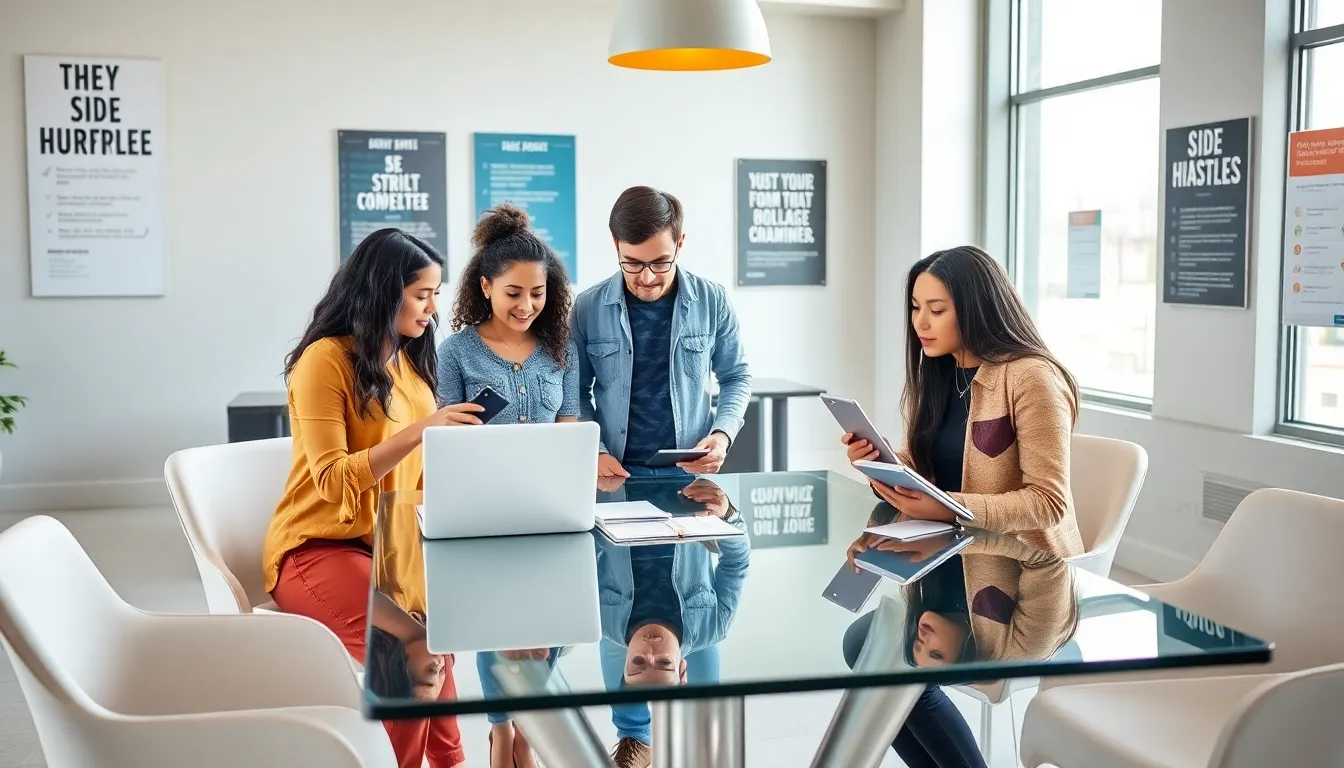 students discussing side hustle ideas in a modern campus setting.
