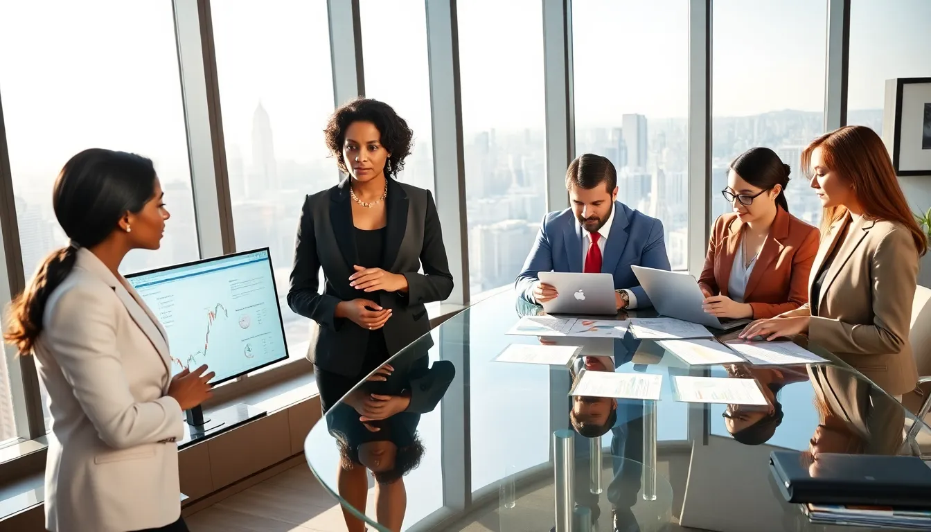 diverse professionals discussing retirement planning in a modern office.