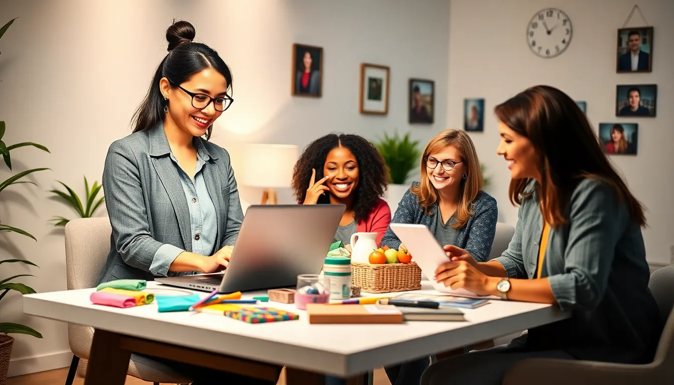 diverse moms working on their side hustles in a bright, modern workspace.